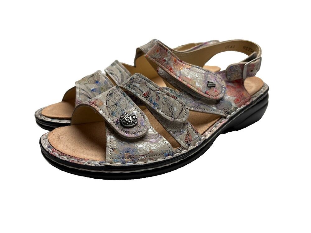 Finn Comfort Leather Sandals Sz 9 1/2 Metallic Multicolor Floral Hippie Artsy